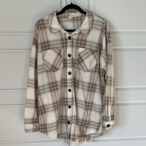 Maurices Tan/Cream Plaid Shacket Button Front Oversized Size L